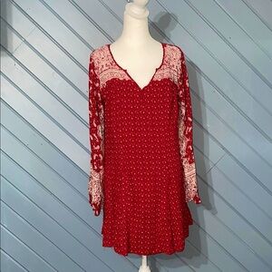 Free People Dreamy Daze Red Ditsy Floral Babydoll Mini Dress with Bishop Sleeves